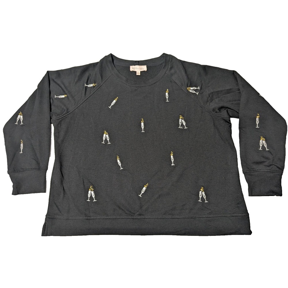 PHILOSOPHY Women XL Black Embroidered Jewel‎ CHAMPAGNE TOAST Sweater
